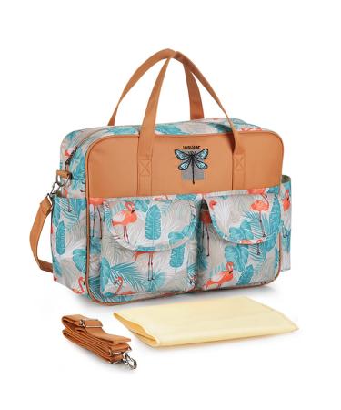 Kamay's Multifunctional Waterproof Mummy Shoulder Diaper Bag Chic Nappy Changing Bag Tote/Messenger Style Large Lightweight High-density Glossy Nylon Fabric with Changing Mat (Rainforest Flamingo)