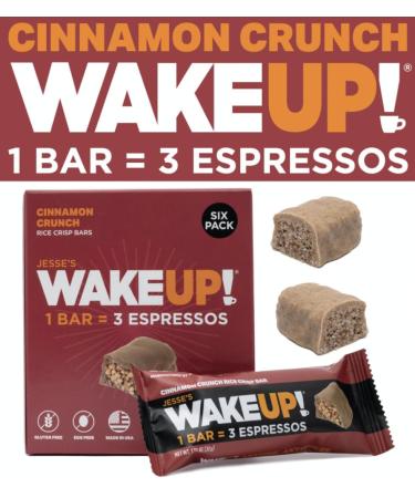 WAKE UP! Caffeinated Cinnamon Crunch Protein Bars - Gluten Free Vegetarian 350mg Caffeine (1 Bar 3 Espressos) - Boosts Focus and Clarity - Kosher Ingredients - 6 Pack Cinnamon Crunch 1 Bar 3 Espressos