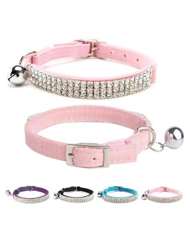 BINGPET Adjustable Cat Collar Soft Velvet Safe Collars Bling Diamante with Bells Light pink
