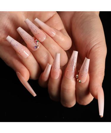 Sethexy Long Sparkle Ballerina False Nails | Nude Pink Bling Crystal Coffin | 24 St Acrylic Art Nail Tips for Women & Girls - Buy Online on GoSupps.com