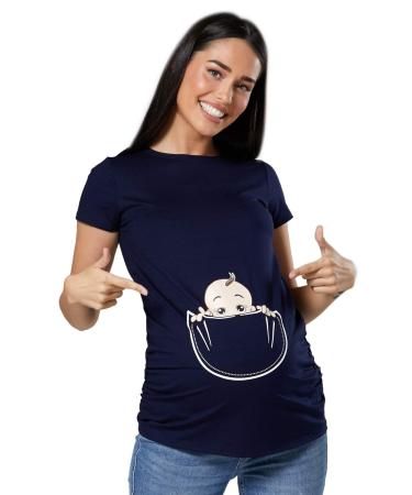 HAPPY MAMA. Women's Maternity Baby in Pocket Print T-Shirt Top Tee Shirt. 501p 18-20 Navy