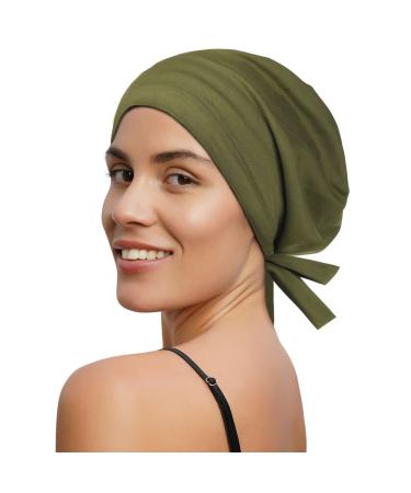 Satin Bonnet Silk Bonnet Sleep Cap Satin Lined Slouchy Beanie Night Sleeping Hat - Stretchy Tie Band for Curly Natural Hair Medium Olive Green