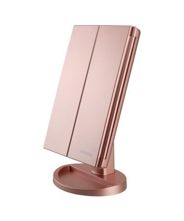 deweisn Tri-Fold Lighted Vanity Mirror with 21 LED Lights, Touch Screen and 3X/2X/1X Magnification, Two Power Supply Modes Make Up Mirror,Travel Mirror Rose Gold