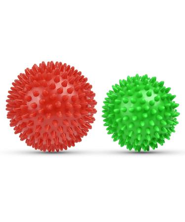 Uraqt fascia ball 2 set small hedgehog ball hard fascia of massage ball with knobs massage balls for the treatment of muscle tension hedgehog balls massage ball for feet back neck hands (green+red)