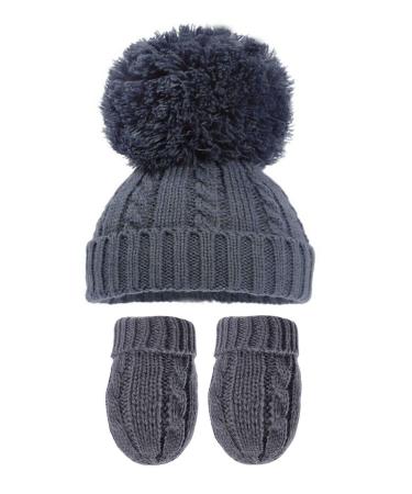 Royal Icon Baby Knitted Pom Pom Hat with Mittens Baby Boys Girls Winter Hat Mittens Set Cable Knit Single Pom Pom Bubble Hat Colours Available NB-12 Months RI6512 0-12 Months Steel Blue