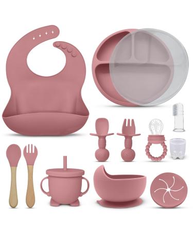 EZIO'S Baby Weaning Set 13 Pieces Silicon Feeding Set - Suction Baby Plate with Round Fruit Feeder with Straw Baby Bowls for weaning Food Plate Kit with Lid Cup Bib Folk Spoon (Dark Pink)