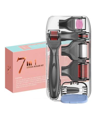 Bowka 7 in 1 Derma Roller Kit JadoCholer ice scooter Micronic needles Bart roller with interchangeable heads for skin rejuvenation facial care anti -wrinkles hair loss beard growth massage (black)