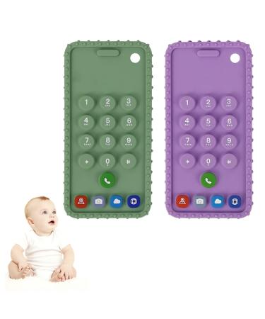2-Pack Silicone Baby Teething Toys Teether Toys for Babies 6-12 Months Mobile Phone Shape Teething Toys Silicone Soft-Textured Teether Baby Chew Toys Sensory Toys BPA Free (Purple+Green)