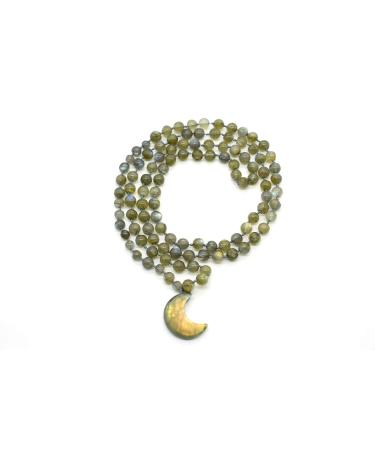 Crescent Moon Pendant Labradorite Crystal 108 Beads Hand-Knotted Mala Beaded Necklace Waning Waxing Crescent Moon Constellation Christmas Gift Labradorite Mala Beads Half Moon Necklace
