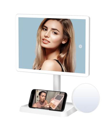 Rechargeable Makeup Mirror with Lights,Lighted Makeup Vanity Mirror with 96 LED Phone Holder and 10X Magnifying Mirror, 3Color Lighting Light Up Cosmetic Mirror with Sensor Touch Dimmable,360°Rotation White