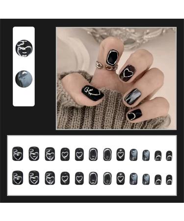 Square Short Fake Nail Full Cover with Glue Detachable Cool Black with Silver Heart Press on Nails 24 Pieces Finger Nail Art Tips for Nail Salons and Women DIY Nail Art - Buy Online on GoSupps.com