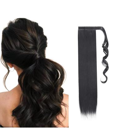 23" Long Straight Wrap Around Ponytail Clip in Hair Extensions One Piece Hairpiece Magic Tape in Pony Tail Extension for Women Dark Black
