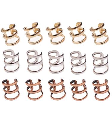 15 Pack Adjustable Non-Piercing Ear Clip Beard Beads Cuff Clip Metal Hair Braid Rings Decoration Hair Jewelry Tools (Gold Silver Rose Gold)