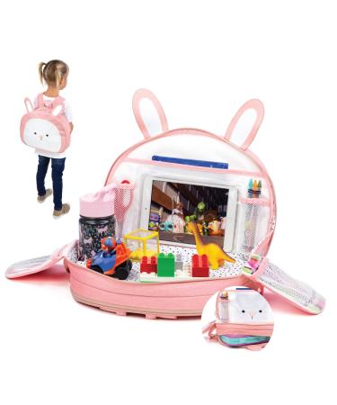 Lulyboo Toddler Car/Airplane Travel Activity Tray and Backpack with Firm Writing Surface, Built In Cup Holder and 7 Storage Pockets with Tablet Window, Bunny