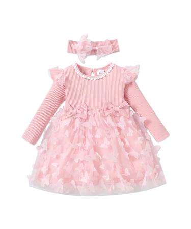 PATPAT Baby Girl Dress Long Sleeve Tutu Dress Infant Girl Tulle Dress Flower Girl Christmas Party Birthday Princess Dresses 18-24 Months Light Pink