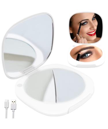 BERRYUP Compact LED Mirror for Tavel Makeup  2-Sided 1X/10X Magnigication Lighted Brightness Dimmable Rechargeable Handheld Portable Small Mirror (White)