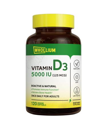 Whollium Vitamin D3 (as Cholecalciferol) 5000 IU (125 mcg) Supports Bones & Dental Health Premium for Brain & Immune Function No Gelatin No Gluten No Dairy 120 Vegetarian Softgels