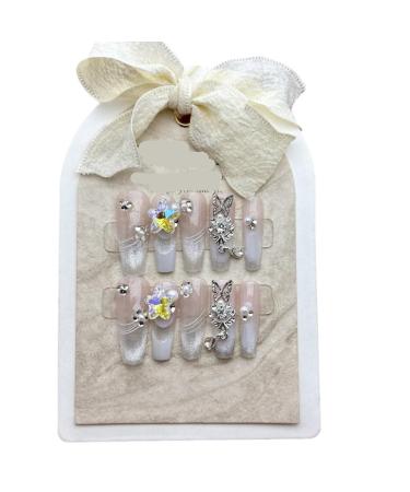 Handmade Nail Wearing Aurora Shining Diamond Gradient Cat Eye False Nail Removable (Size : M)