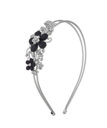 Lux Accessories SilverTone Crystal Rhinestone Black Glitter Flower Coil Headband