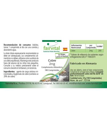 Fairvital | Cuivre 2 mg - 180 comprim s - Bisglycinate de cuivre - qualit contr l e et hautement dos - 100% v g talien - Fabriqu en Allemagne - Buy Online on GoSupps.com