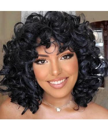 AIDUSA Short Curly Wigs for Black Women Curly Wigs with Bangs Black Wigs for Black Women Loose Curly Wigs Synthetic Hair Wig Black Natural Bob Wigs for Women (1B Natural Black)