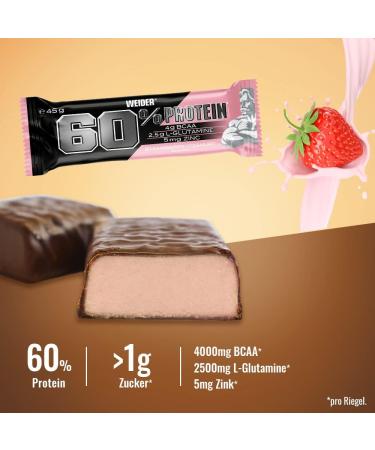Weider 60% Protein Bar - High Protein Strawberry-Yoghurt BCAA & Glutamine for Muscle Building | 24x45g - Buy Online on GoSupps.com