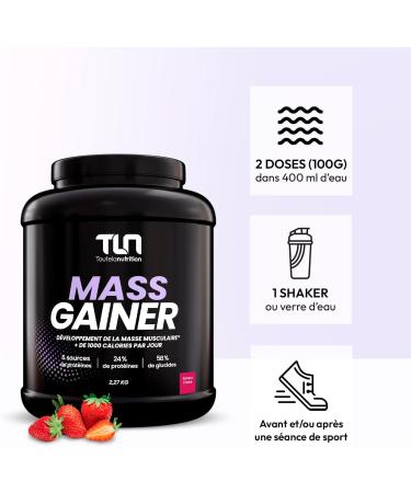 MASS GAINER | Weight Gainer | Strength Training | +1500 kcal per day | 5 Protein Sources + 2 Carbohydrate Sources + MCTs | 22 Servings of Strawberry Flavor Shaker Drink | 2.26 kg | TLN - Buy Online on GoSupps.com