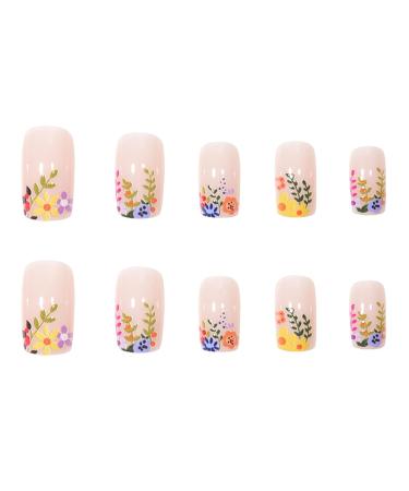 Square Press on Nails - TUZADNW Flower Design | 24 Pcs Glossy Short Fake Nails for Women - Artificial Nude Full Cover Acrylics - Buy Online on GoSupps.com
