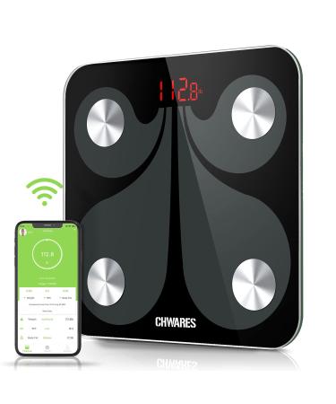 Body Fat Scale, USB Rechargeable Digital Weight Bathroom Scales, CHWARES Smart BMI Scale with 13 Body Data, Electronic Scale for Body Weight with Bluetooth, 400lbs, Smart Digital Bathroom Weight Scale Black Medium