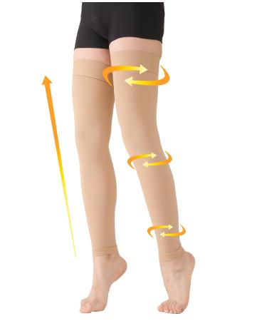 MGANG 15-20 mmHg Compression Stockings for Women & Men Thigh High Medical Footless Graduated Compression Sleeves with Silicone Dot Band for Varicose Veins Edema Travel Flight Pregnant Beige L Large (1 Pair) 15-20mmhg Beige