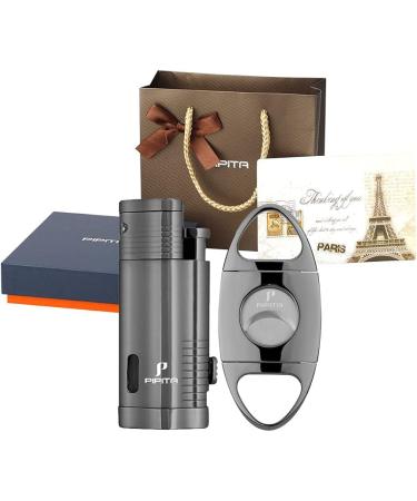 PIPITA Torch Lighter Gift Set Windproof Lighter with Punch Refillable Butane Torch Gas Lighters and Cutter (Without Gas) Grey - Buy Online on GoSupps.com