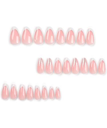 Danshinbow 24 Pieces French Oval False Nails Pink Silver Glitter Powder Print on Nails for Women and Girls - Buy Online on GoSupps.com