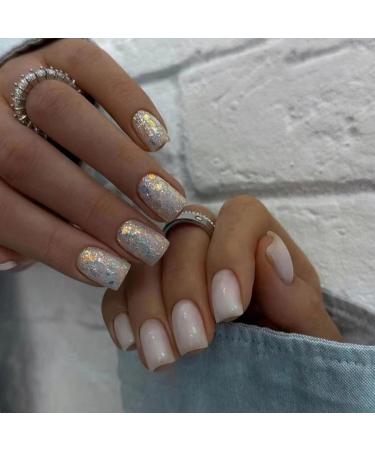 Justotry 24 pieces glitter nails to stick on short motif milky angular press on nails glossy French artificial nails glitter square fingernails fake nails for women 918milk & glitter1