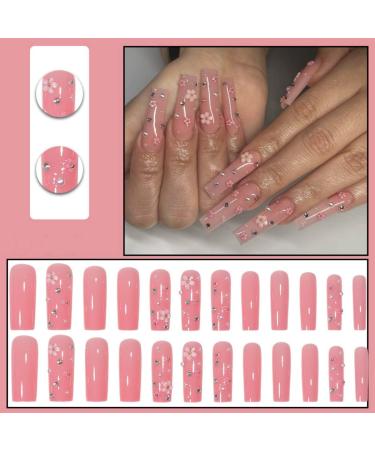 Justotry 24-Piece Floral Coffin Nails Set - Pink French Press-On Nails with Rhinestones & Pearls - Artificial Ballerina Fake Nails for Women - Buy Online on GoSupps.com