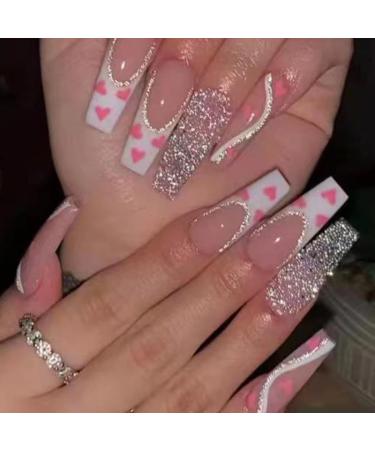 24Pcs Long Pointed Coffin Full Cover Artificial Fake Nails Smudged Glitter Pink Wearing Reusable False Nails Press On Nail Art New NAILS-W097