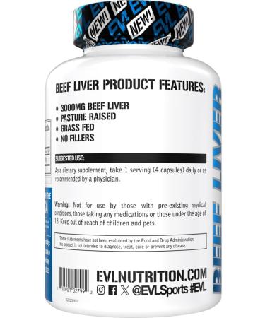 Evlution Grass Fed Beef Liver Capsules - Pasture Raised Desiccated 3000mg - Supplement for Energy Immunity and Liver Support - Iron Rich Beef Organ Supplement for Men and Women (30 Servings) - Buy Online on GoSupps.com