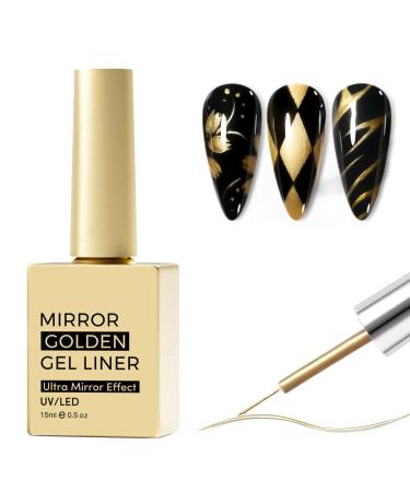 Gold Gel Nail Polish - Metallic Gold Gel Liner Nail Art - 3D Mirror Effect Painted Drawing Nail Gel with Thin Brush - 10ml Glossy Chrome Gel Soak Off UV/LED Nail Art Manicure