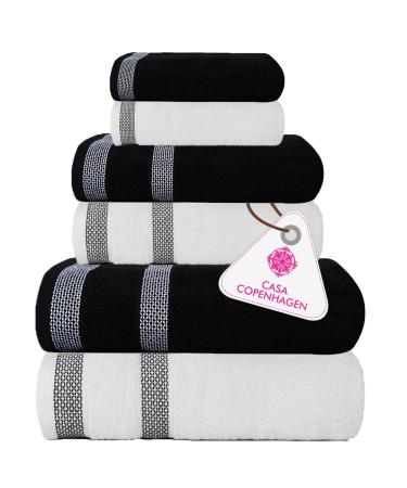 CASA COPENHAGEN Solitaire Designed in Denmark 600 GSM 2 Bath Towels 2 Hand Towels 2 Washcloths  Super Soft Egyptian Cotton 6 Towels Set for Bathroom  Kitchen & Shower - White + Black