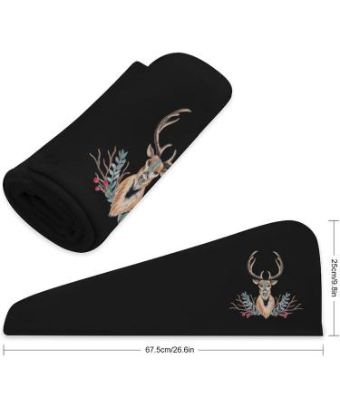 Watercolor Reindeer Soft Hair Towel Wrap - Hair Turban for Curly & Long Thick Hair - Quick Drying Cap with Buttons for Women - Buy Online on GoSupps.com