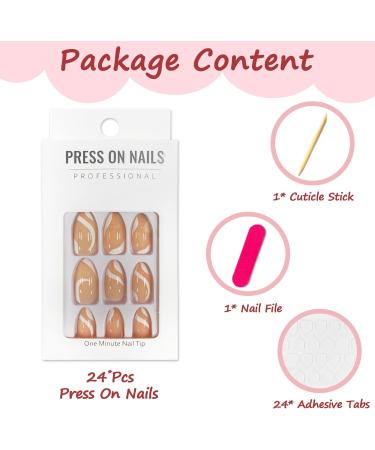 24Pcs Almond French Tips Press on Nails with White Lines Designs - Glossy Short False Nails for Women - DIY Manicure Set - Buy Online on GoSupps.com