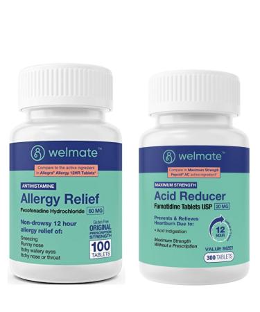 WELMATE Allergy & Heartburn Relief Bundle | Fexofenadine 60mg + Famotidine 20mg | Non-Drowsy & 12 Hour Support | 100 + 300 Tablets