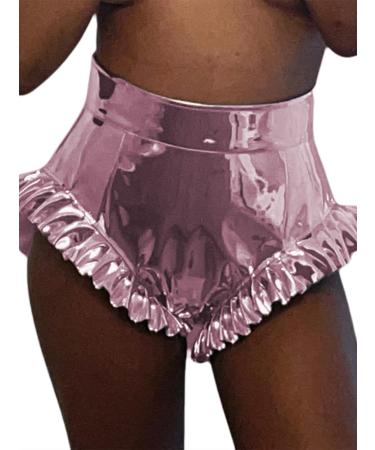 Hilinker Women's High Waisted Ruffle Trim Rave Shorts Club Party Metallic Shiny Pants Small Pink