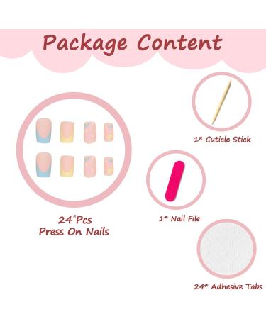 24Pcs Square False Nails Medium Glossy Cute Flower French Press on Nails - Frosted Stick on Nails with Glue Stickers for Women - Colorful DIY Manicure - Buy Online on GoSupps.com