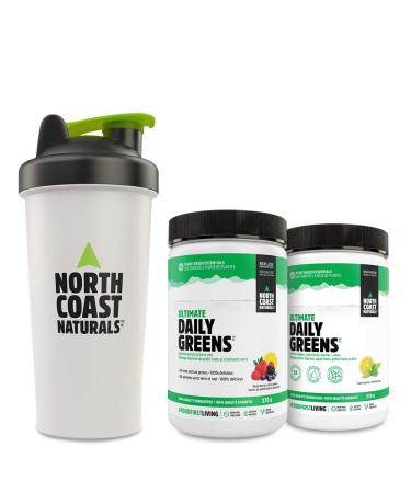 North Coast Naturals Ultimate Daily Greens | Superfood blend of superfruits land and sea greens with the addition of pre- and probiotic- 800 ml shaker cup- 2 x 270 g - Mixed Berry & Citrus + Sweet Iced Tea