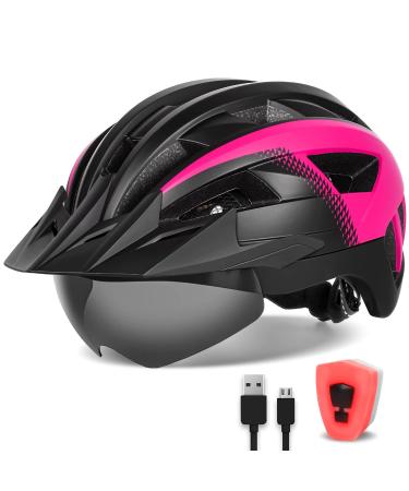 FUNWICT Adult Bike Helmet with Visor and Goggles for Men Women Mountain Road Bicycle Helmet Rechargeable Rear Light Cycling Helmet L: 57-61 cm (22.4-24 inches) Black Pink
