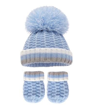 Royal Icon Baby Knitted Pom Pom Hat with Mittens Baby Boys Girls Winter Hat Mittens Set Cable Knit Single Pom Pom Bubble Hat Colours Available NB-12 Months RI6512 0-12 Months Blue/Grey - Ri648