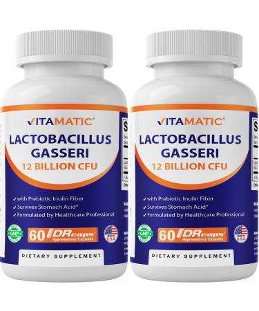 Vitamatic Lactobacillus Gasseri - 12 Billion per DR Capsule - 60 Count - Digestive Support - Made with Prebiotic Inulin Fiber- 2 Pack