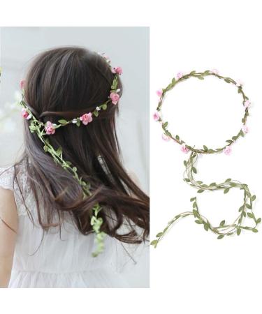 BARTOSI Boho Floral Headband Handmade Flower Crown Hair Wreath Bride Wedding Headpiece Halo with Ribbon Adjustable Hair Accessories for Women and Girls (Pink)