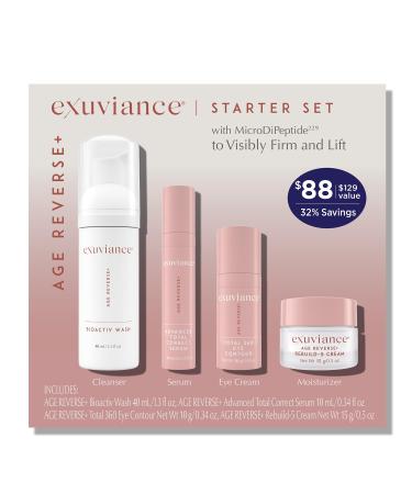 EXUVIANCE AGE REVERSE+ Anti Aging Skin Care Set - Mini Starter Kit Includes: Exfoliating Face Wash Anti-Wrinkle Serum Brightening Eye Contour Firming Face Cream for Wrinkles and Fine Lines - 4 ct