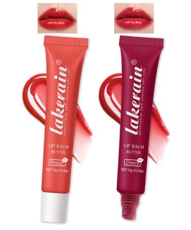 Lip Butter Balm Cherry Red Lip Gloss Shea Butter Tinted Lip Balm Lip Glowy Balm Hydrating Lip Mask Plumping Lip Butter Gloss for Dry Cracked Lips Vegan Glossy Non-sticky Lip Care Moisturizer 04+05